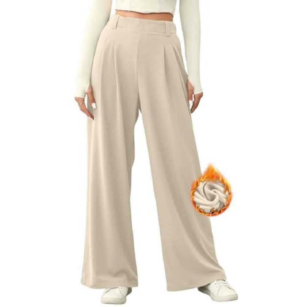 Wide Leg Fleece Lined Palazzo Pants High Waisted Business Casual with Pockets - Picture 2 of 8